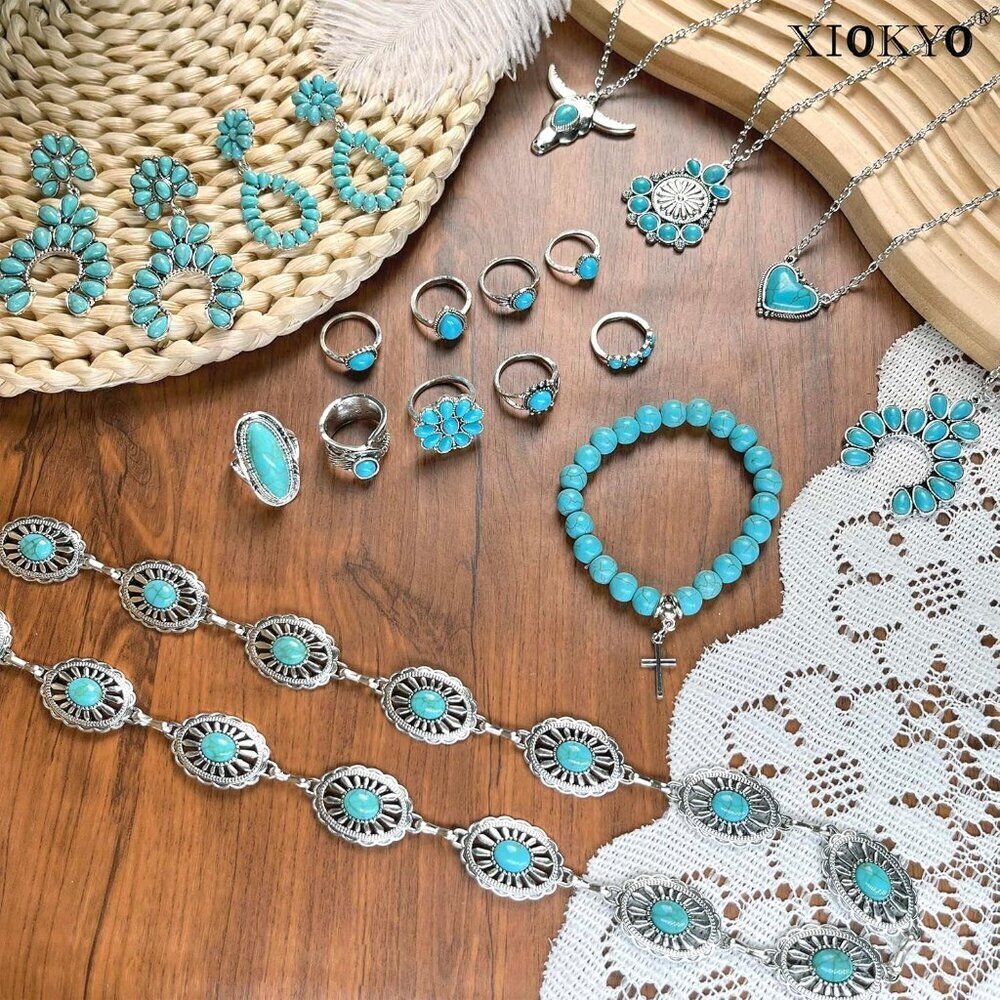 Turquoise Jewelry Set Women Western Boho Necklace Rings Earrings Bracelets - Picture 6 of 9